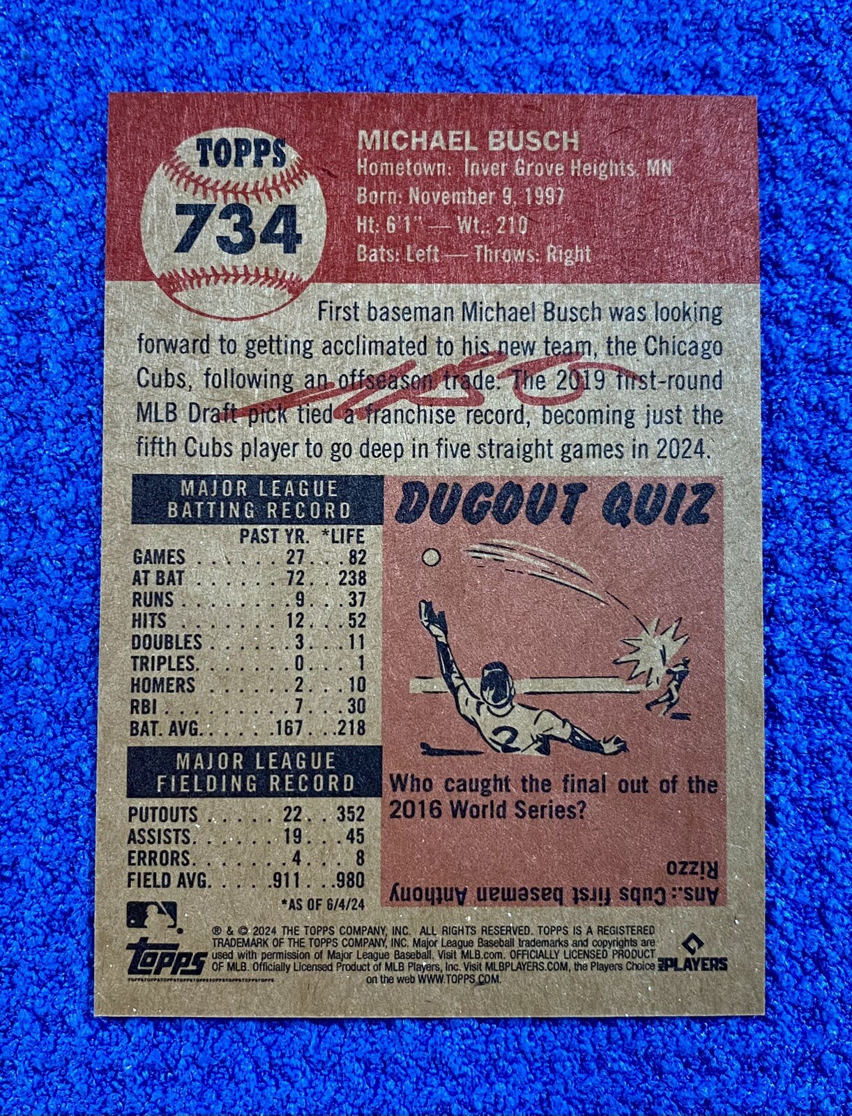Chicago Cubs Rookie MICHAEL BUSCH Topps Living #734, RC, RC/TL+GCS, Facsimile AU