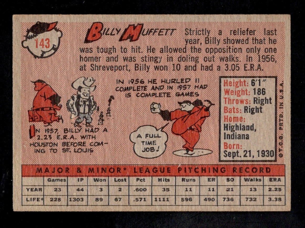 1958 Topps Baseball Card #143 Billy Muffett RC St. Louis Cardinals EX-MT