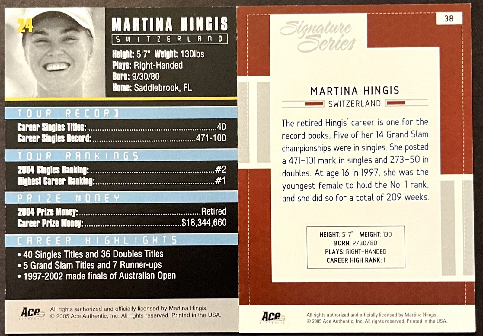 (2) 2005 ACE MARTINA HINGIS DEBUT EDITION SIGNATURE SERIES #24 #38