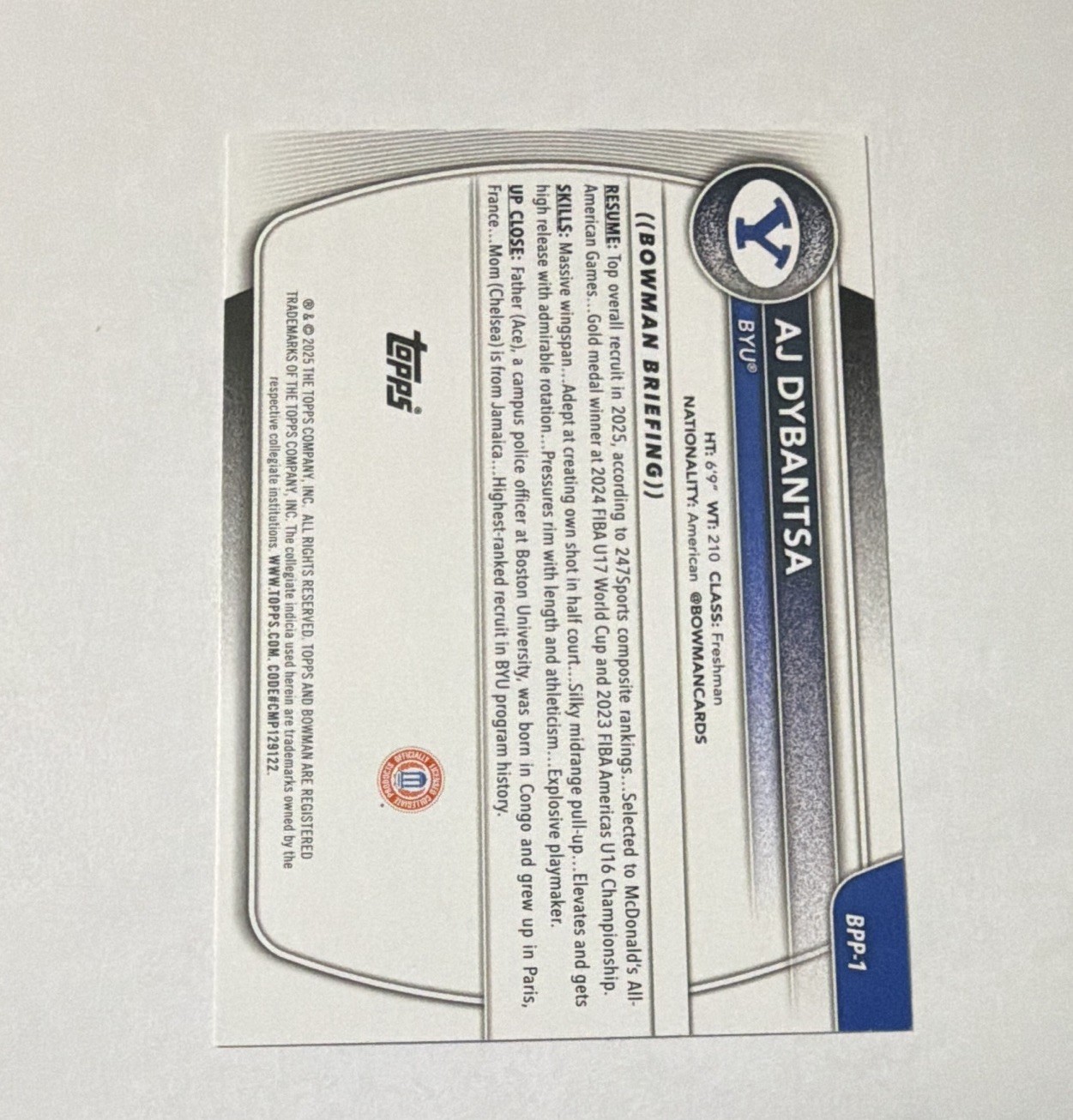 Topps 2025 Bowman U Prospects AJ Dybantsa BYU Cougars #BPP-1 Blue /150