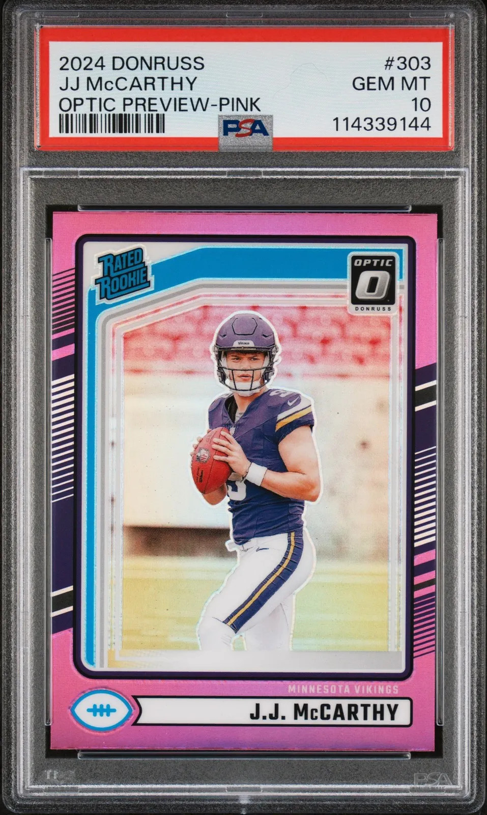 J.J. McCarthy 2024 Donruss Optic Rated Rookies Preview Pink #303 PSA 10 Vikings