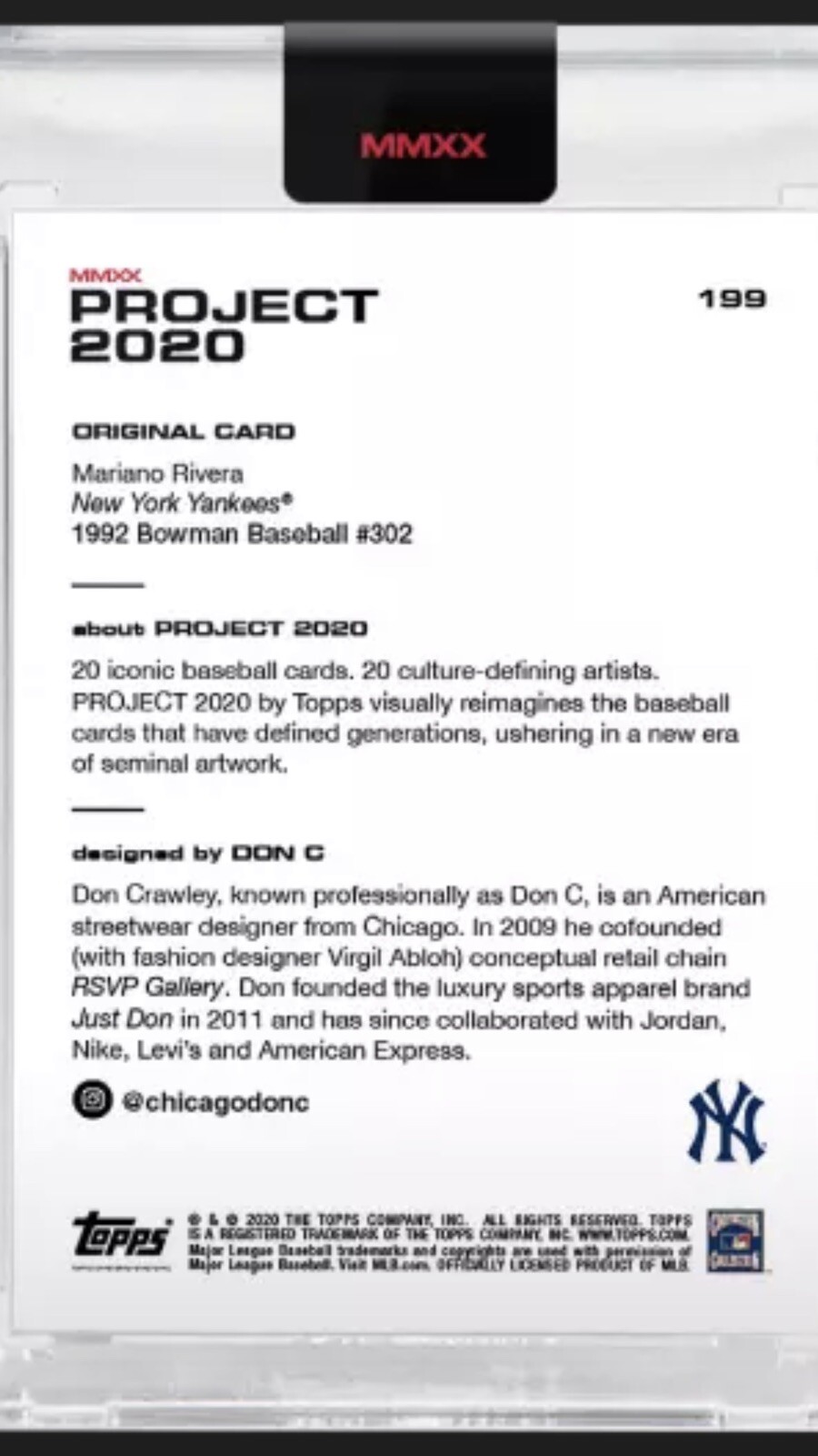 Low Print Run 4952 Topps PROJECT 2020 Card 199 Mariano Rivera by Don C In Hand