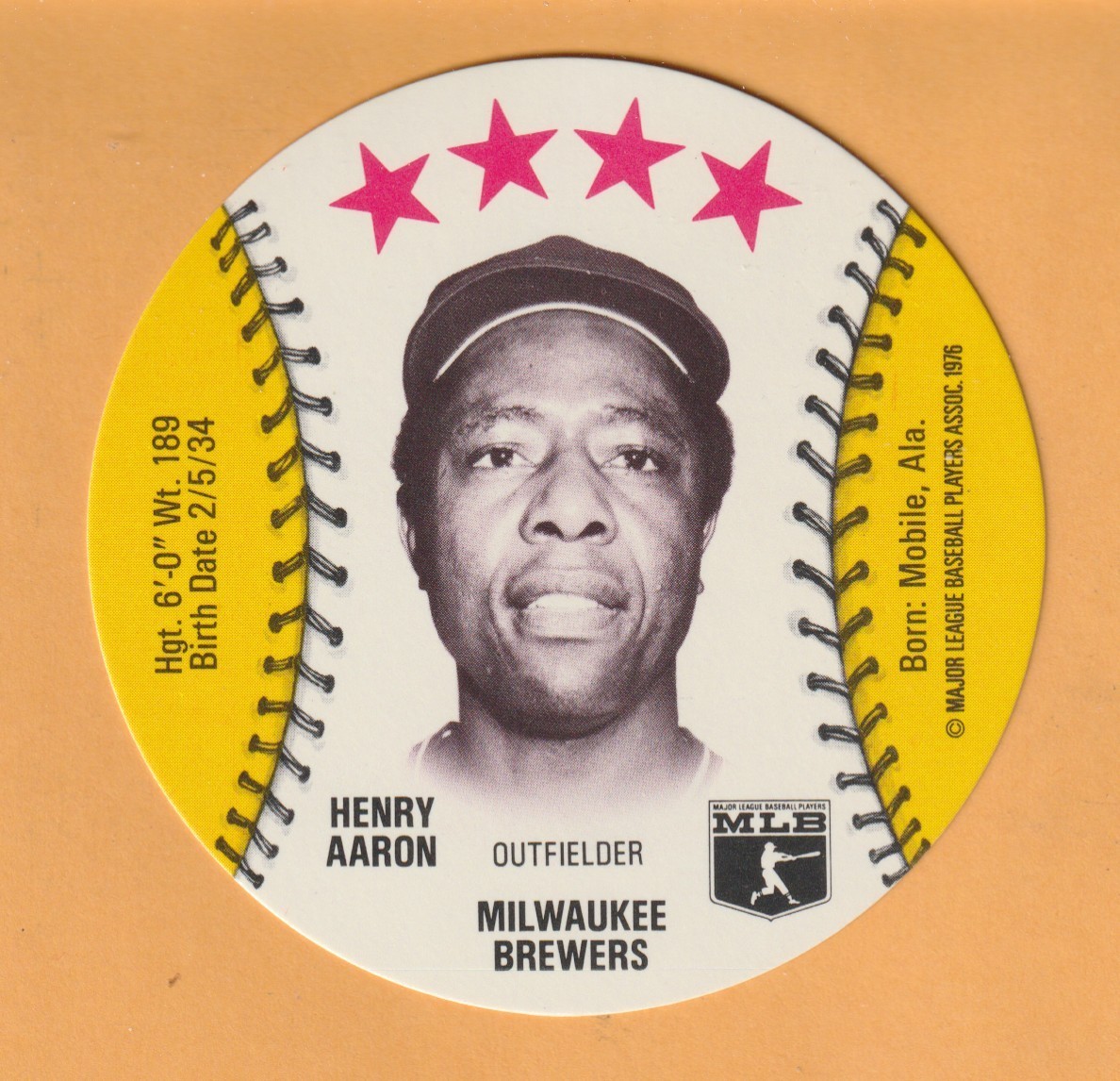 Hank Aaron Milwaukee Brewers 1976 Isaly Discs #1 HOF Mobile Alabama