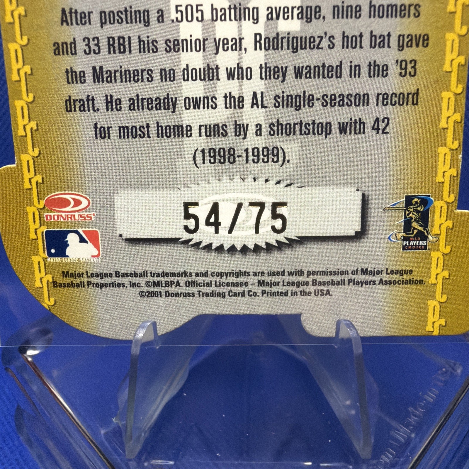 2001 Donruss Elite – Primary Colors Alex Rodriguez #PC-1 Yellow Die-Cut /75 Z34