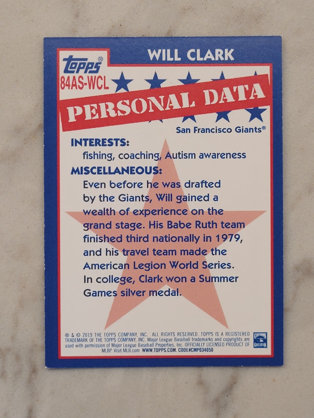 Will Clark 2019 Topps Mini 1984 All-Star Design Very Low Print Run 35th Annivers