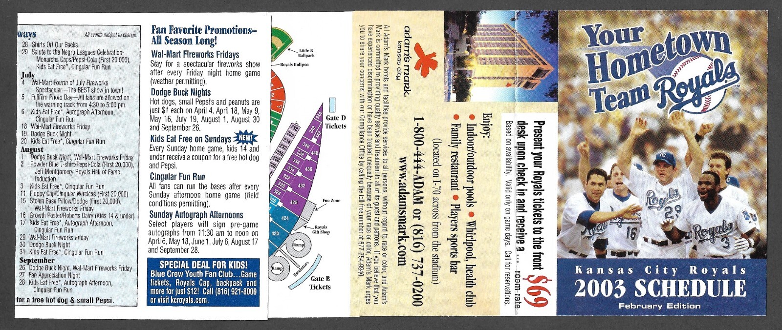 2003 February KC ROYALS Adams Mark Regular Season POCKET SCHEDULE EX-MINT