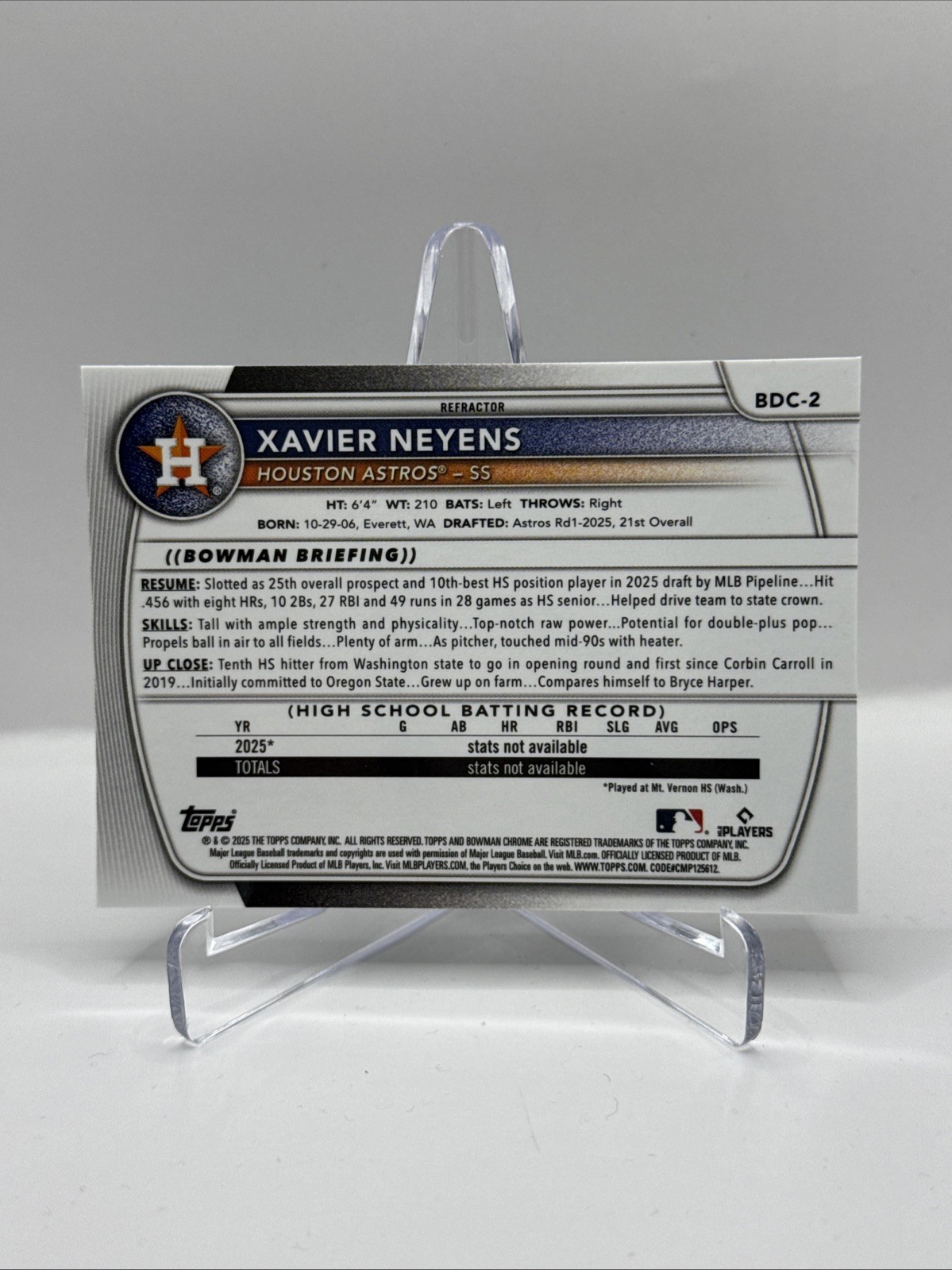 2025 Bowman Draft Xavier Neyens 1st Chrome Refractor #BDC-2 Houston Astros
