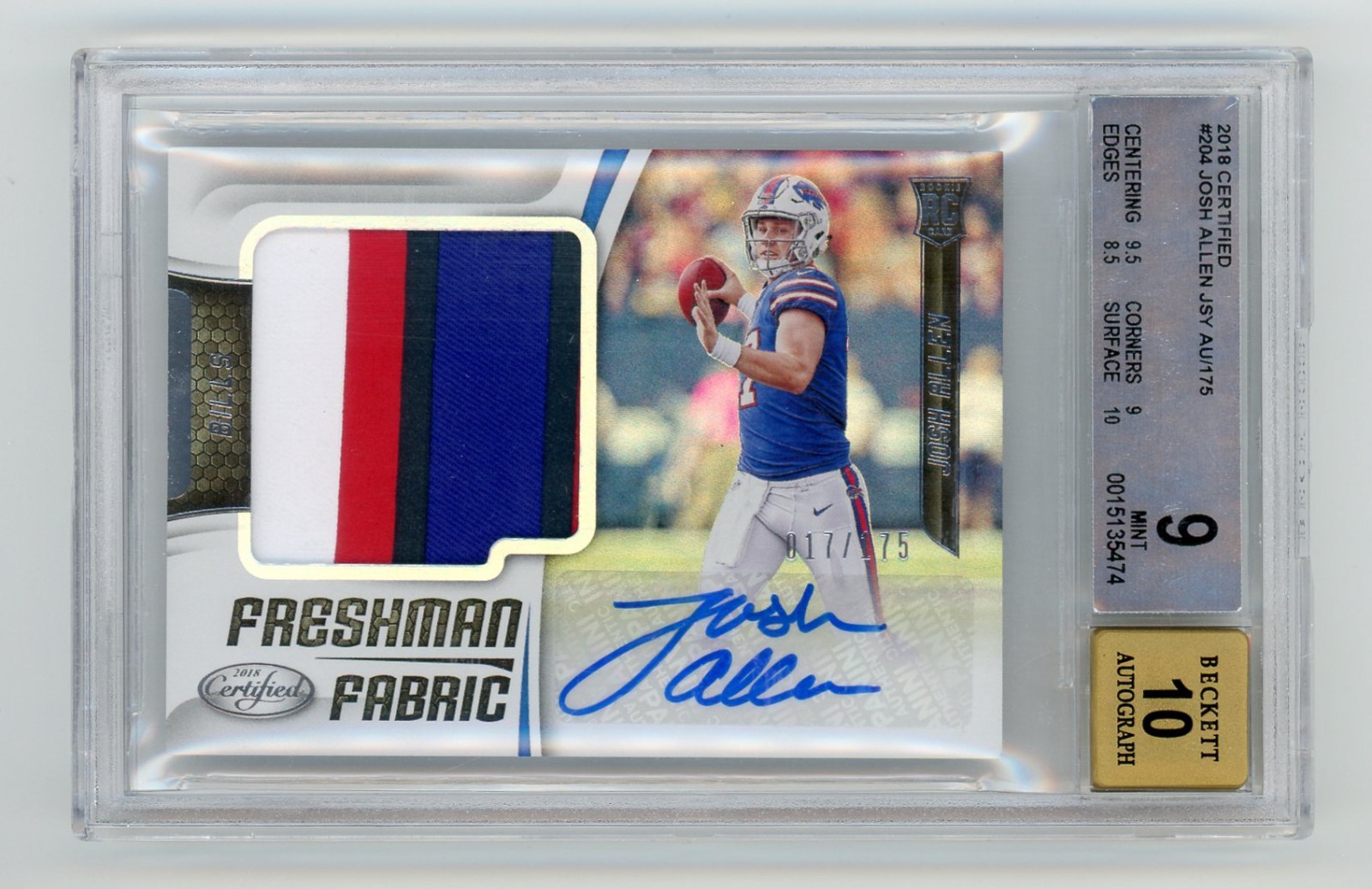 2018 Certified Josh Allen RC Patch Auto RPA #17/175 Jersey Number 1/1 BGS 9/10