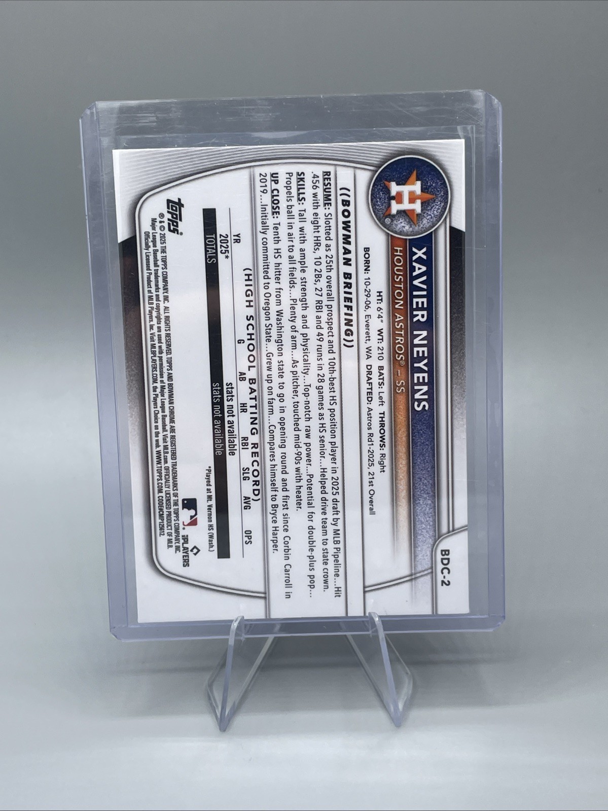 XAVIER NEYENS 2025 Bowman Chrome Draft Refractor #BDC-2 Sky Blue T2 Astros