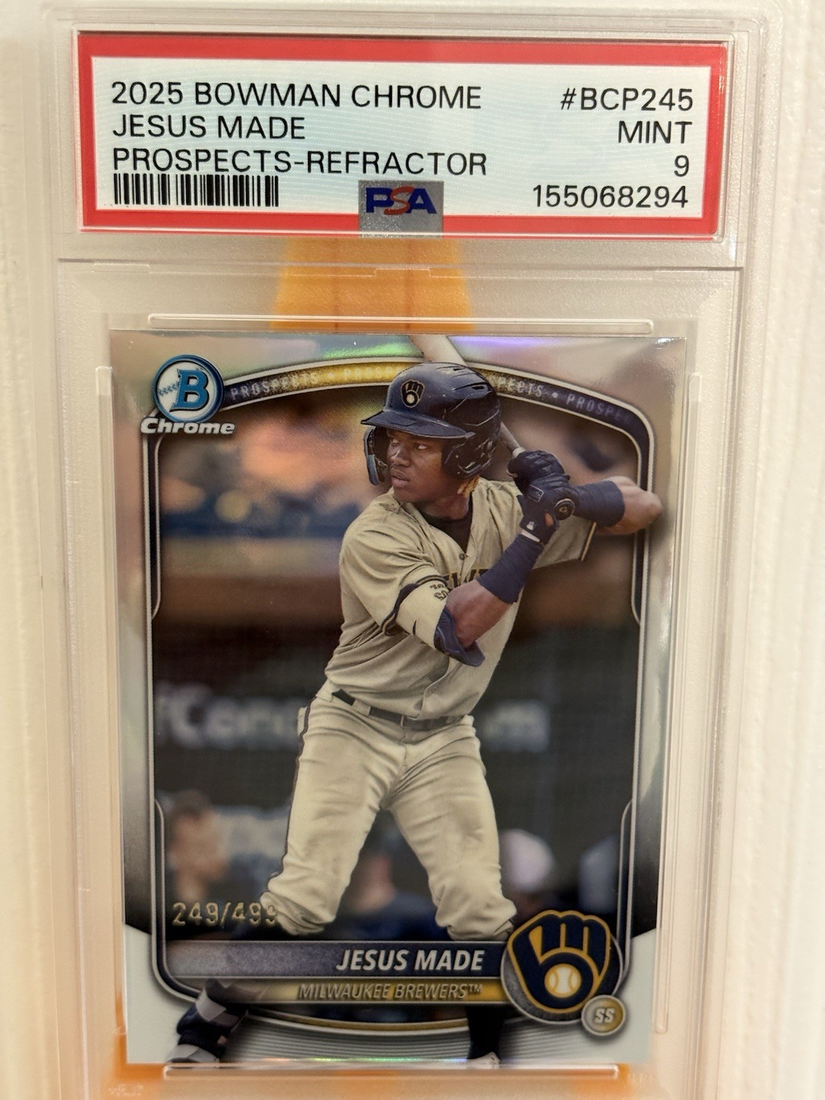 2025 Bowman Chrome Jesus Made Refractor /499 PSA 9 MINT 🔥 📈 Brewers #BCP-245