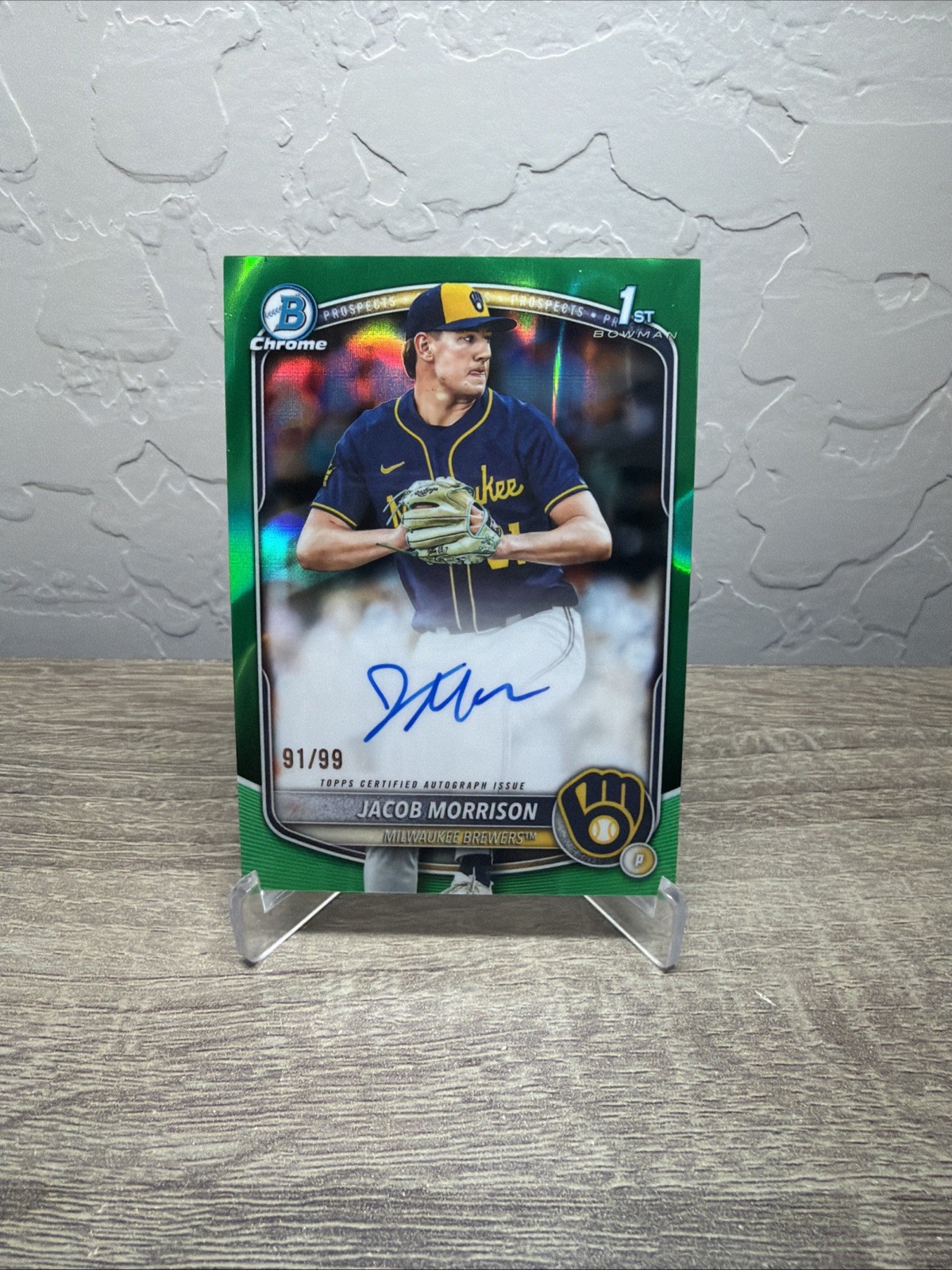 2025 Bowman Chrome Draft Jacob Morrison Green Lava Refractor Auto /99 Brewers