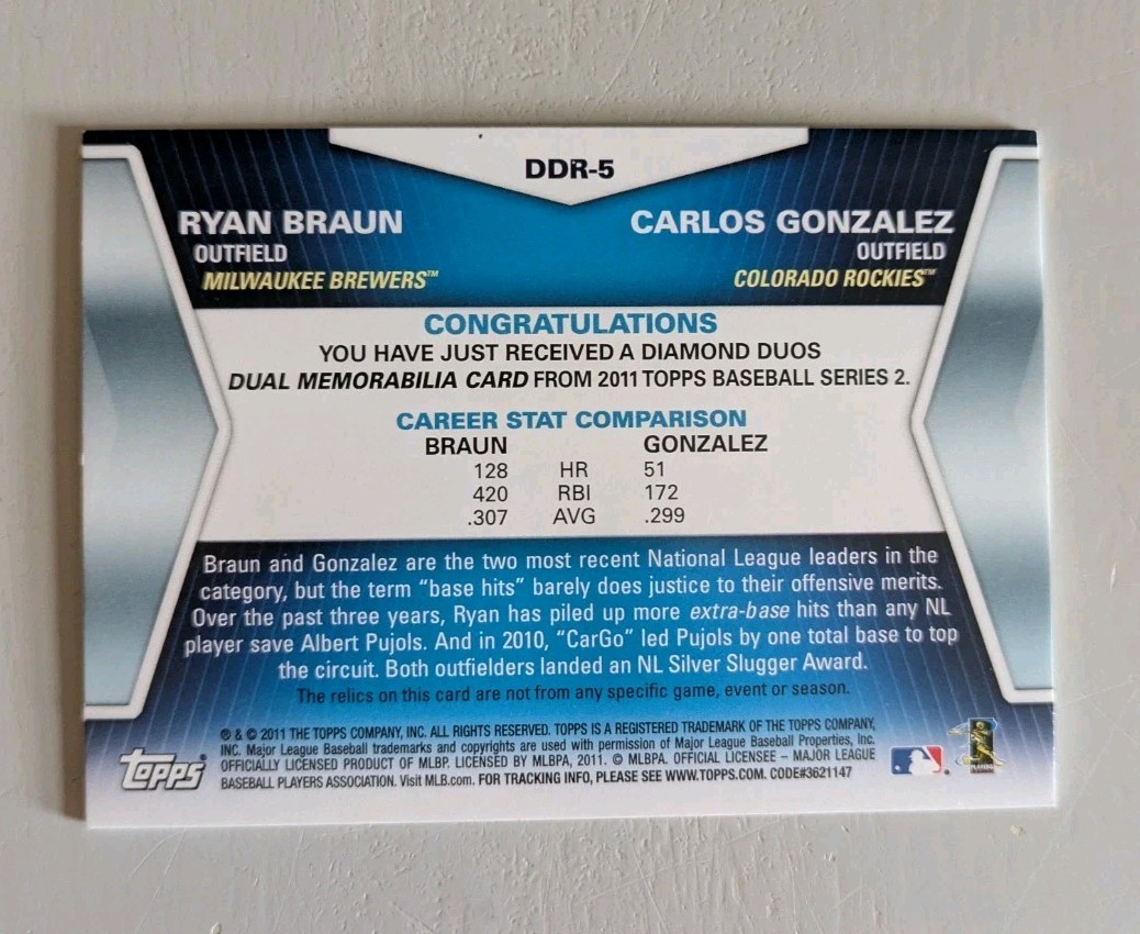 2011 Topps Diamond Duos Dual Jersey – Ryan Braun/Carlos Gonzalez #DDR-5 25/50