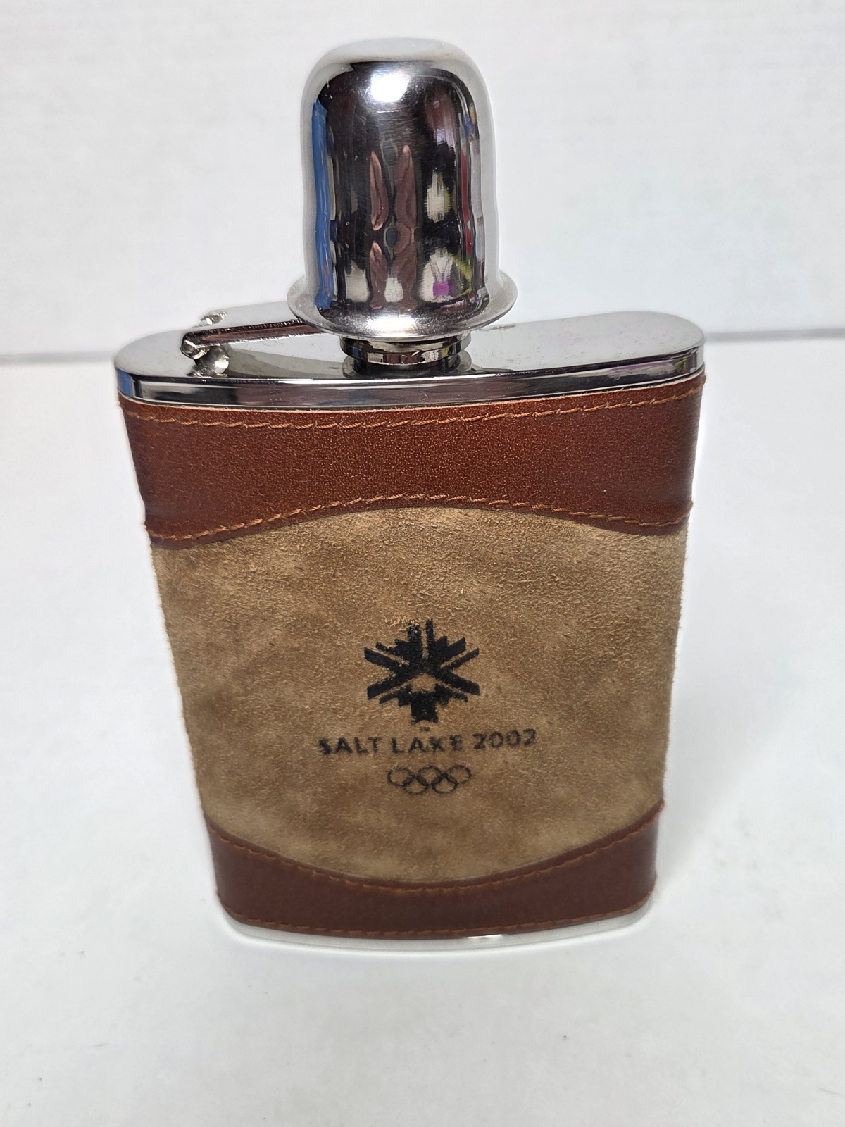 2002 Salt Lake City Winter Olympics Leather Bound Souvenir Stainless Steel Flask