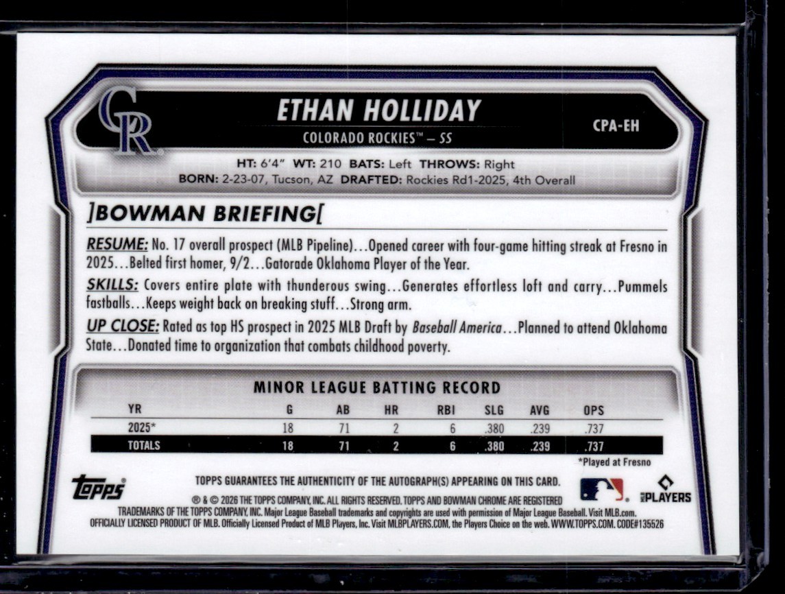 ETHAN HOLLIDAY 2026 BOWMAN CHROME PROSPECT AUTO YELLOW REFRACTOR AUTO 15/75