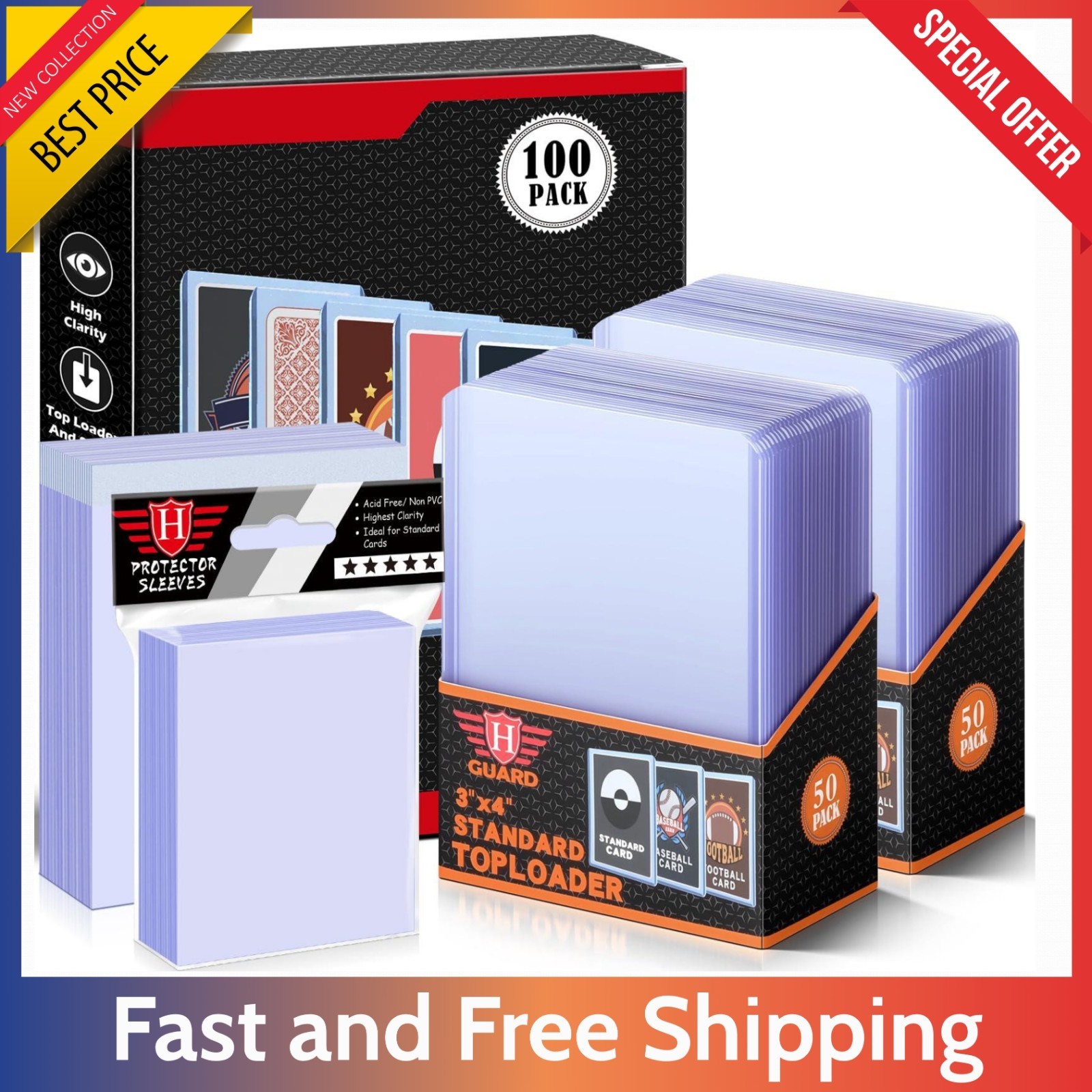 300 PCS Card Sleeves & Toploaders – 100 Hard 200 Soft Trading Card Protectors…