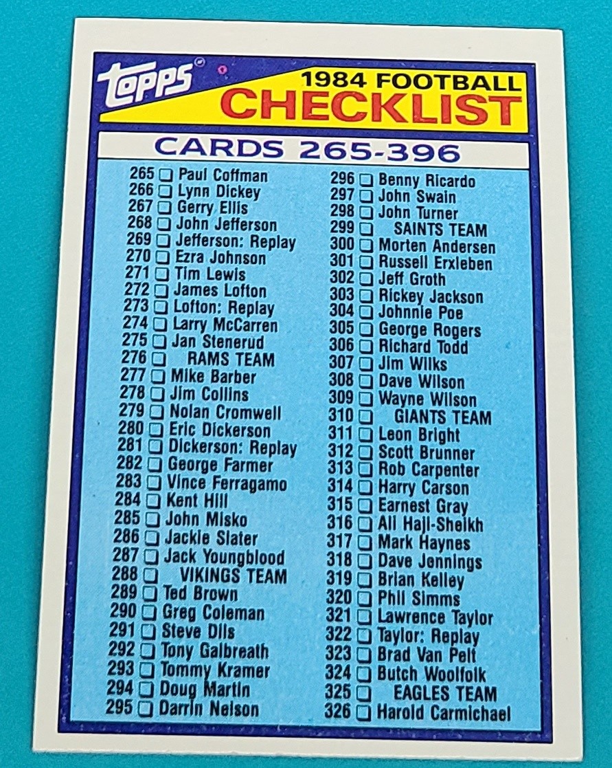 1984 Topps #396 Checklist 265-396 CL Football Card H5
