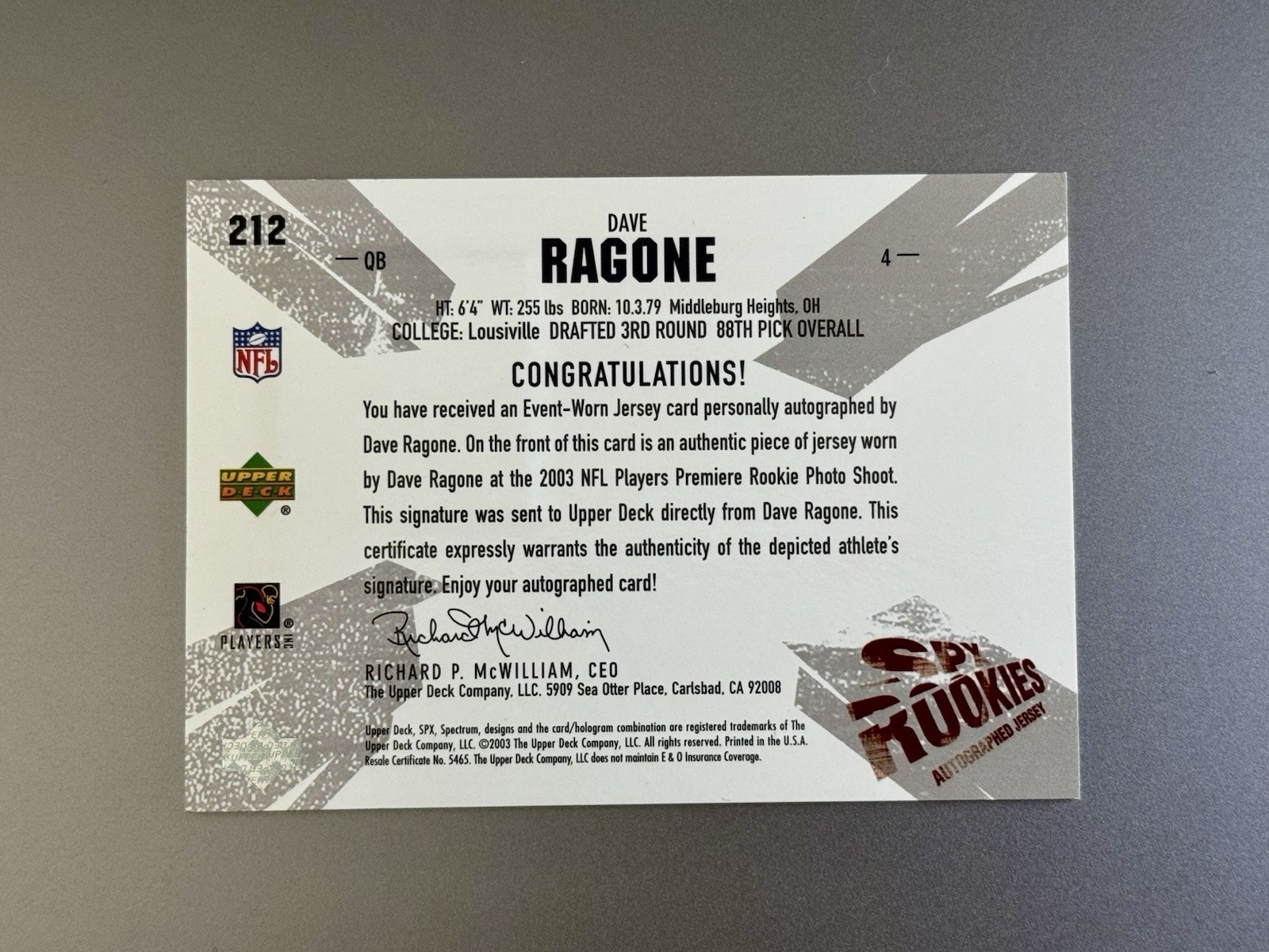 2003 Upper Deck SPx SPx Rookies Auto Jersey 387/1100 Dave Ragone #212 Texans