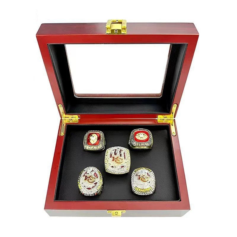 5PCS Kansas City Chiefs Super Bowl Championship Ring Set With Wooden Display Box