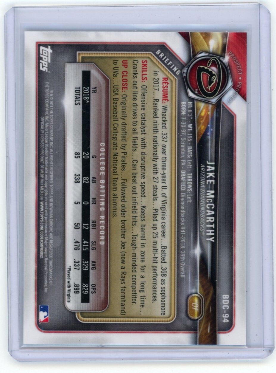 2018 Bowman Chrome Draft Jake McCarthy 1st Bowman DIamondbacks QTY