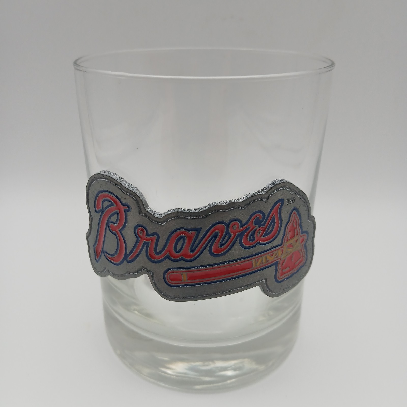 Vintage Atlanta Braves MLB Rocks Glass Red Script Tomahawk Pewter Metal Logo