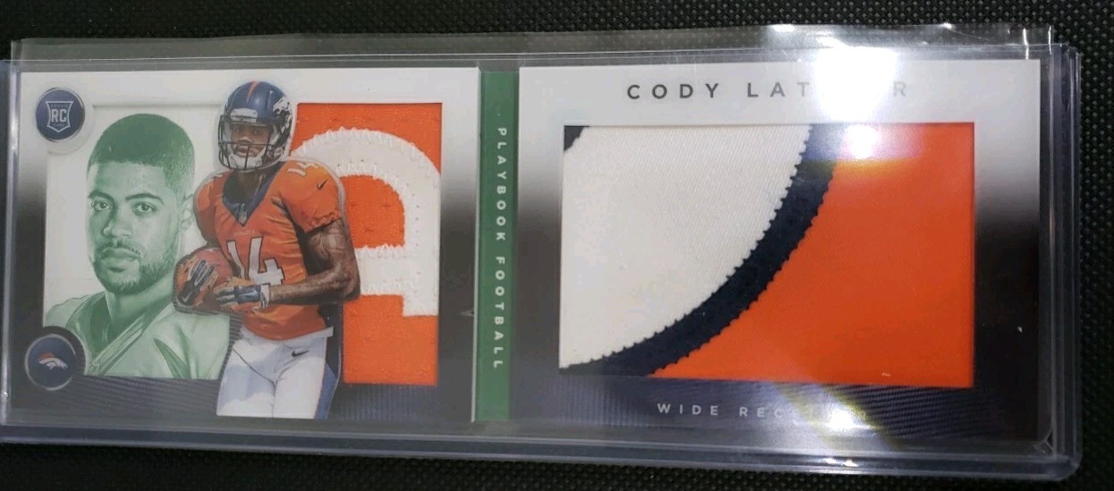 2014 PLAYBOOK BOOKLET #151 CODY LATIMER ROOKIE PATCH #3/5 BRONCOS SICK PATCH!!