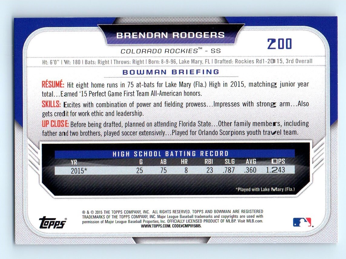 2015 Bowman Draft Picks & Prospects Brendan Rogers Colorado Rockies #200 1st