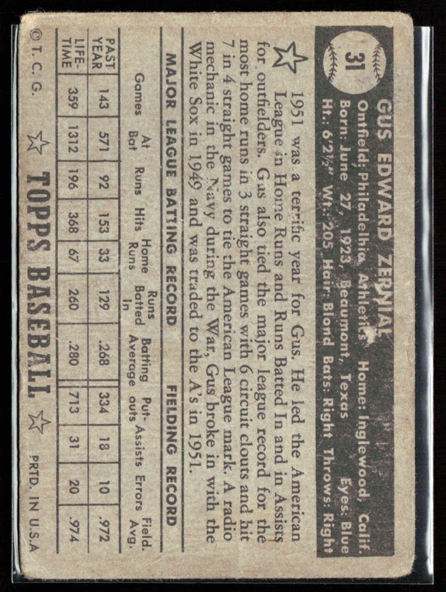 Gus Zernial 1952 Topps Black Back E #31 Philadelphia Athletics