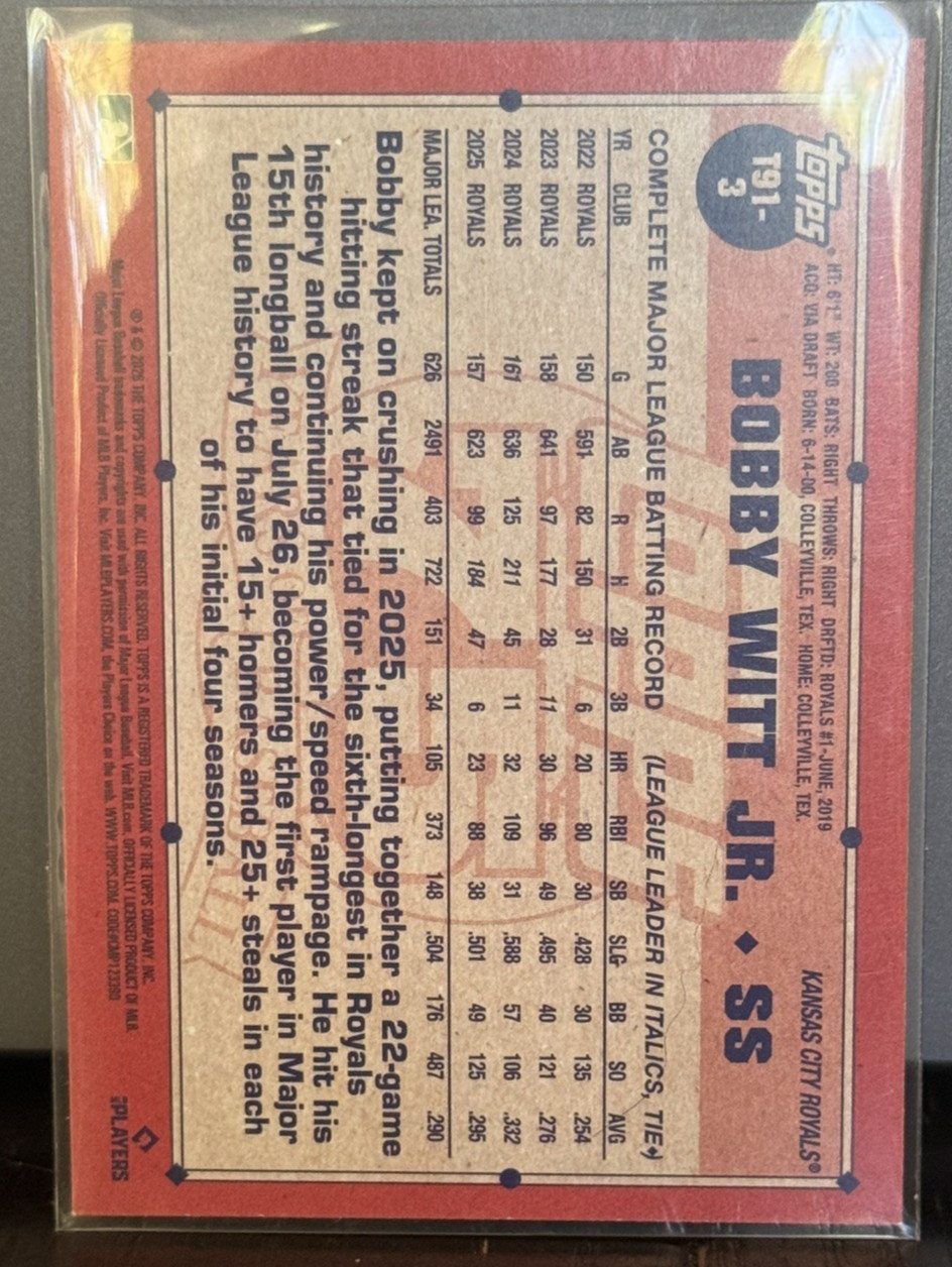 2026 Topps Series 1 – 1991 Topps Baseball Bobby Witt Jr. #T91-3 Pink
