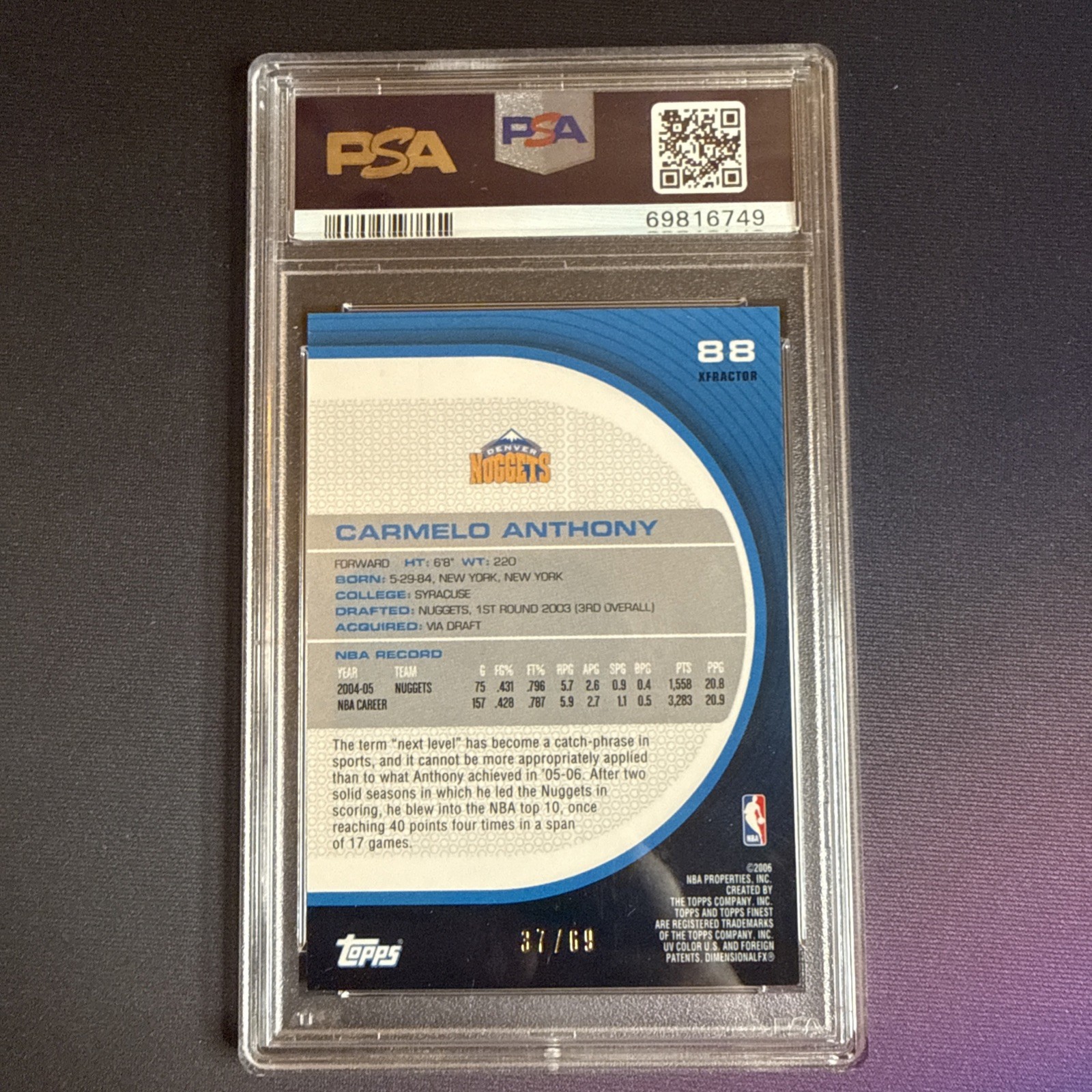 2005 Topps Finest Carmelo Anthony Green X-Fractor /69 PSA 10 – RARE