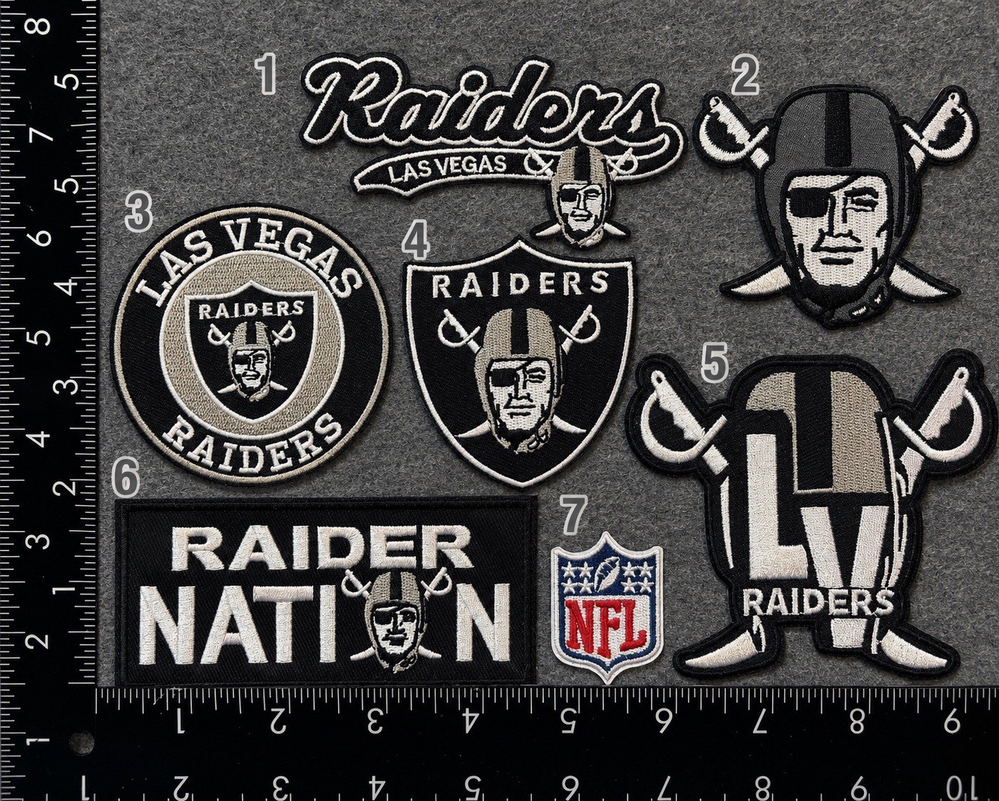 LAS VEGAS RAIDERS SET OF 7 NFL FOOTBALL IRON ON PATCHES SEE PHOTO/ RULER