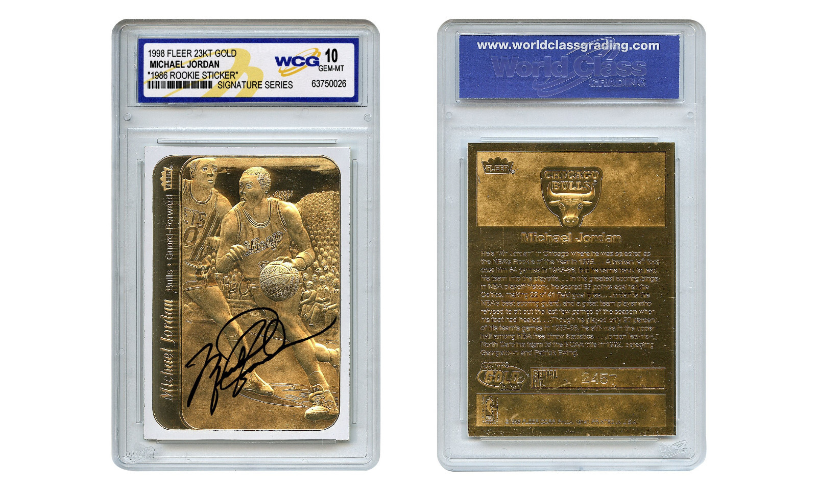 MICHAEL JORDAN ’98 FLEER STICKER 1986 ROOKIE 23K Gold Signature Series – GEM 10