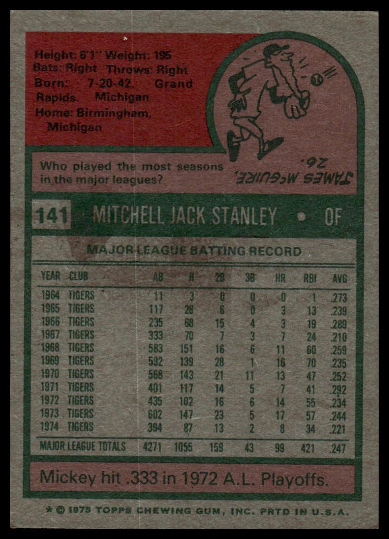 1975 Topps #141 Mickey Stanley