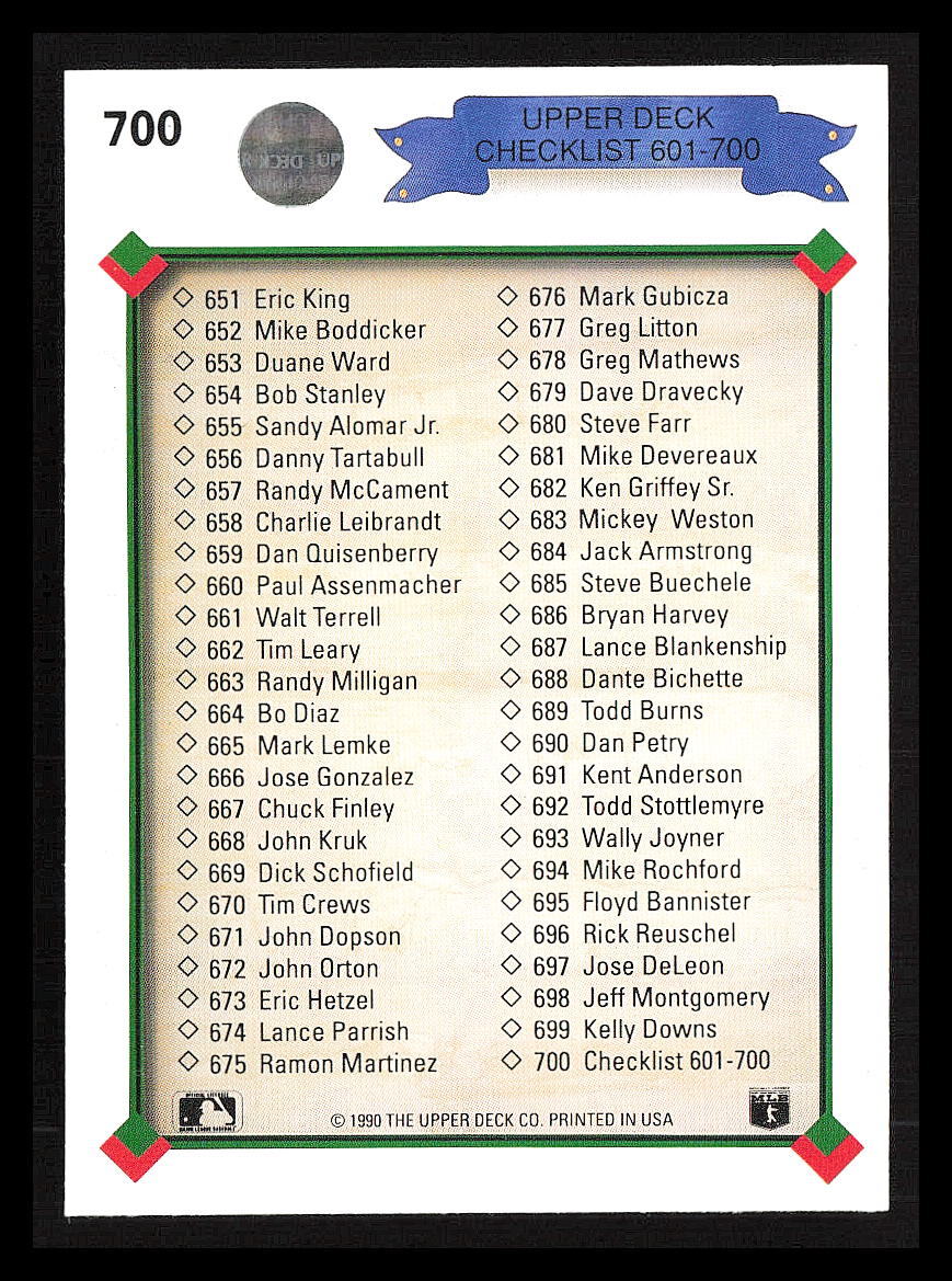 Checklist: 601-700 CL, ERR 1990 Upper Deck #700a