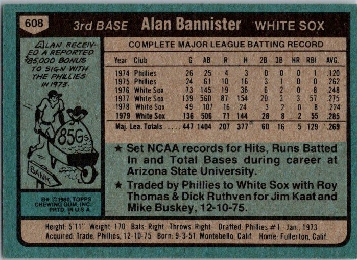 Alan Bannister – 1980 Topps – # 608 – White Sox