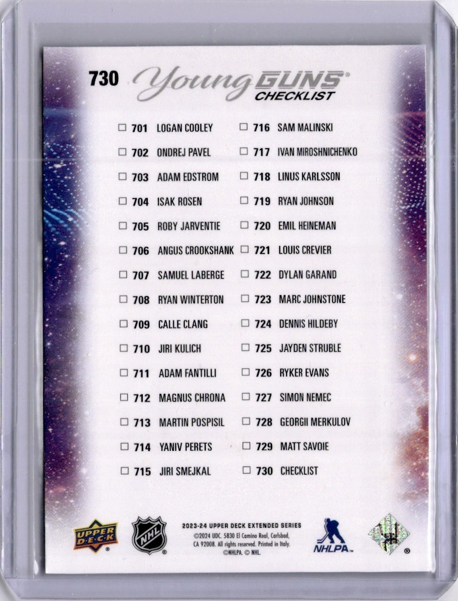 Adam Fantilli & Logan Cooley Young Guns RC Checklist 2023-24 Upper Deck Extended
