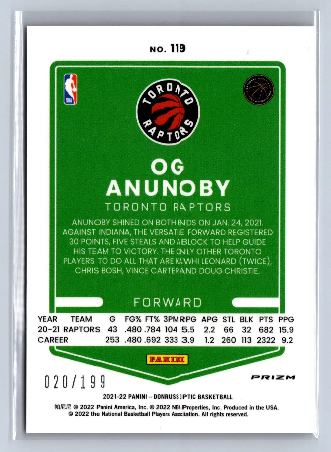 2021-22 Panini Donruss Optic OG Anunoby Orange /199 #119