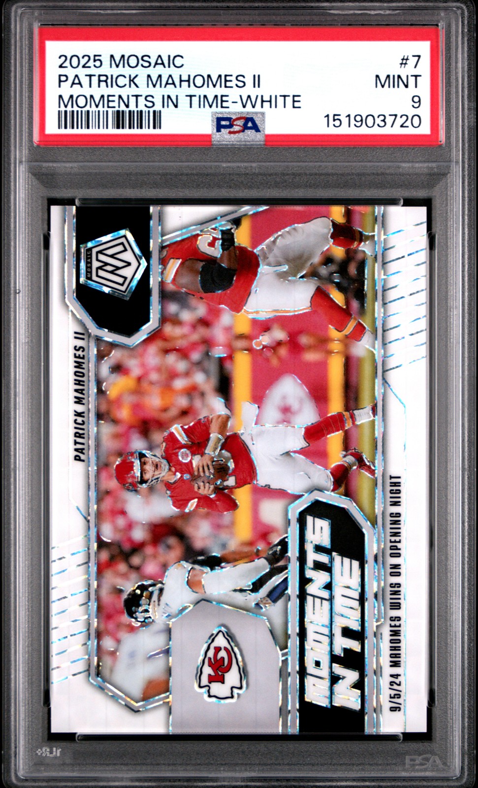 2025 Panini Mosaic Moments In Time #7 Patrick Mahomes White #/25 PSA 9