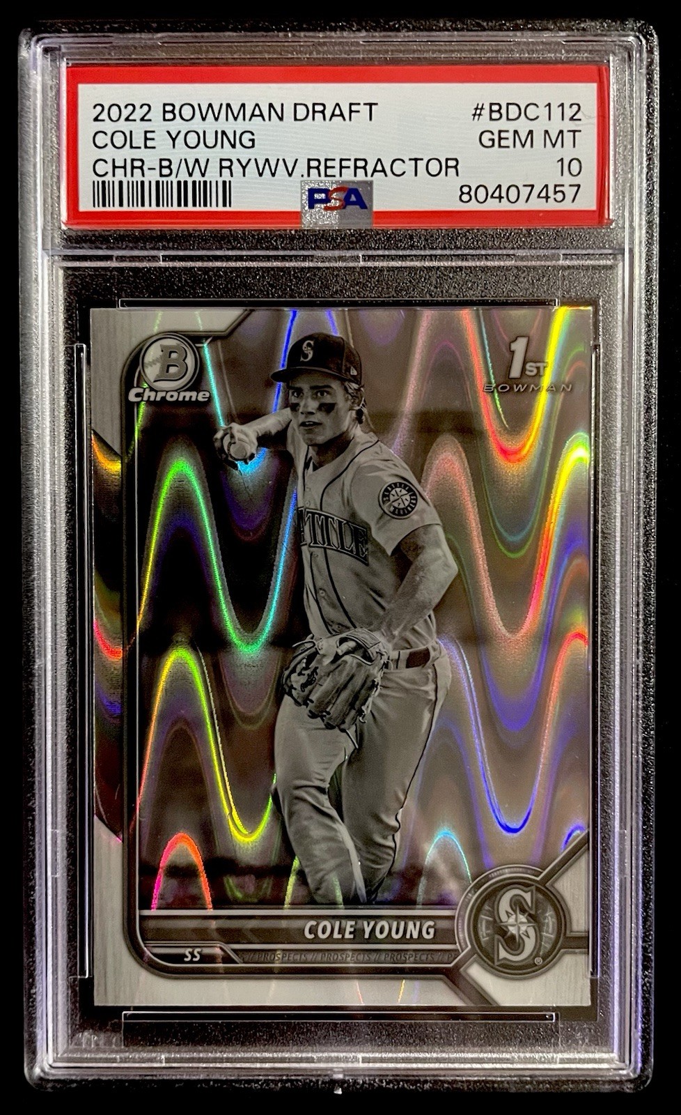 Cole Young 2022 Bowman Draft Chrome Black White Ray Wave Refractor PSA 10 BDC112