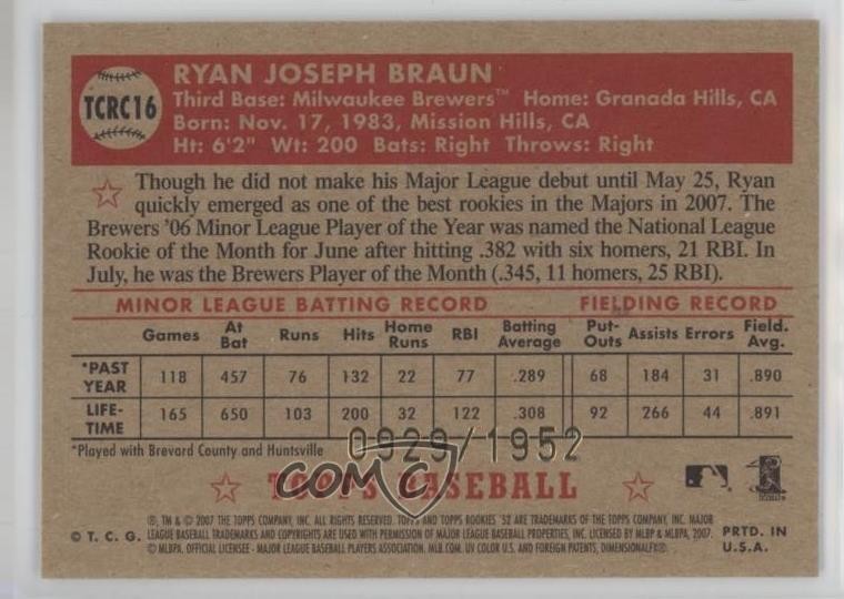 2007 Topps ’52 Chrome 929/1952 Ryan Braun #TCRC16 Rookie RC 0x1e