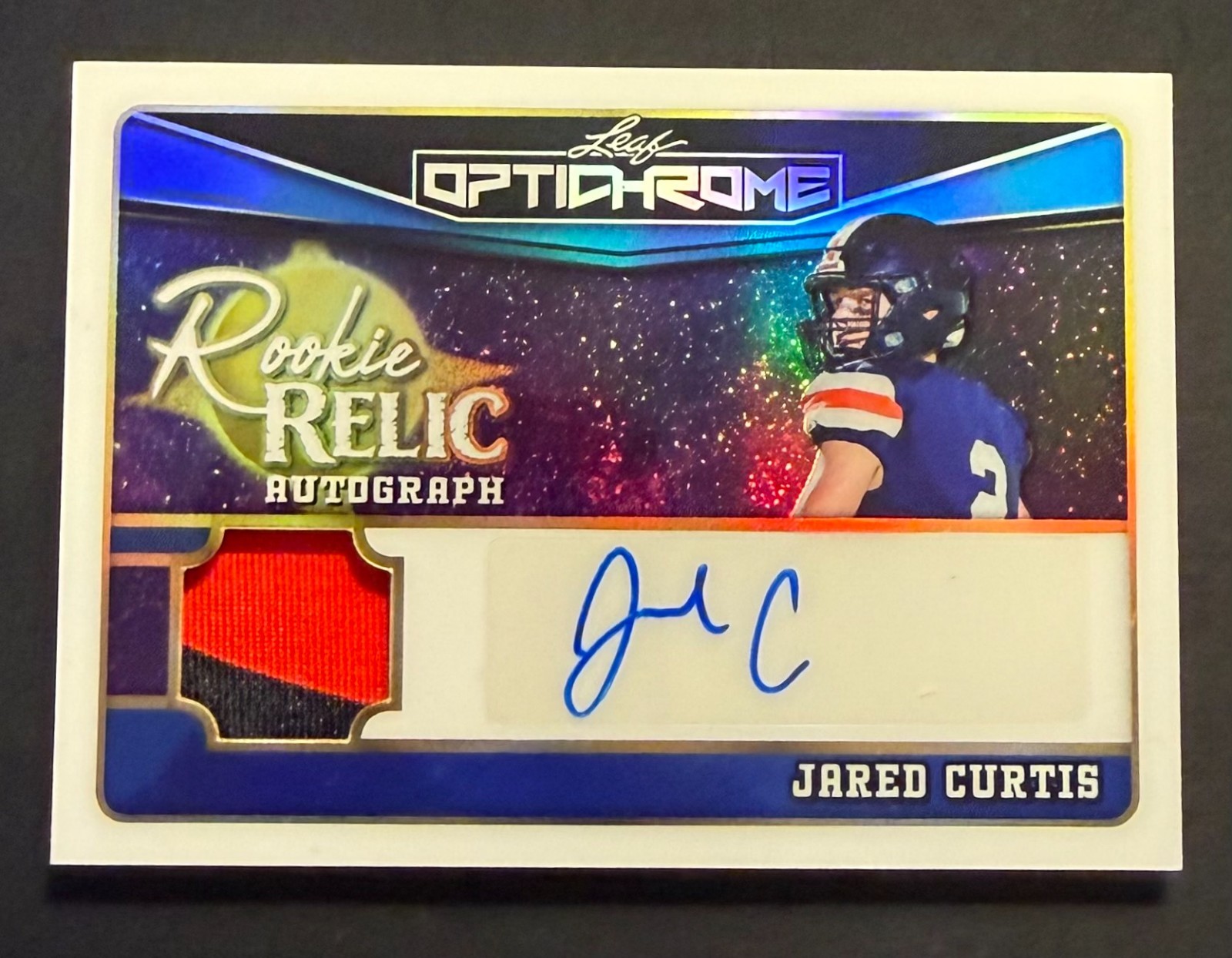 ks 2025 Leaf Optichrome Jared Curtis Rookie Relic Patch Auto #1/3 Blue RA-JC1