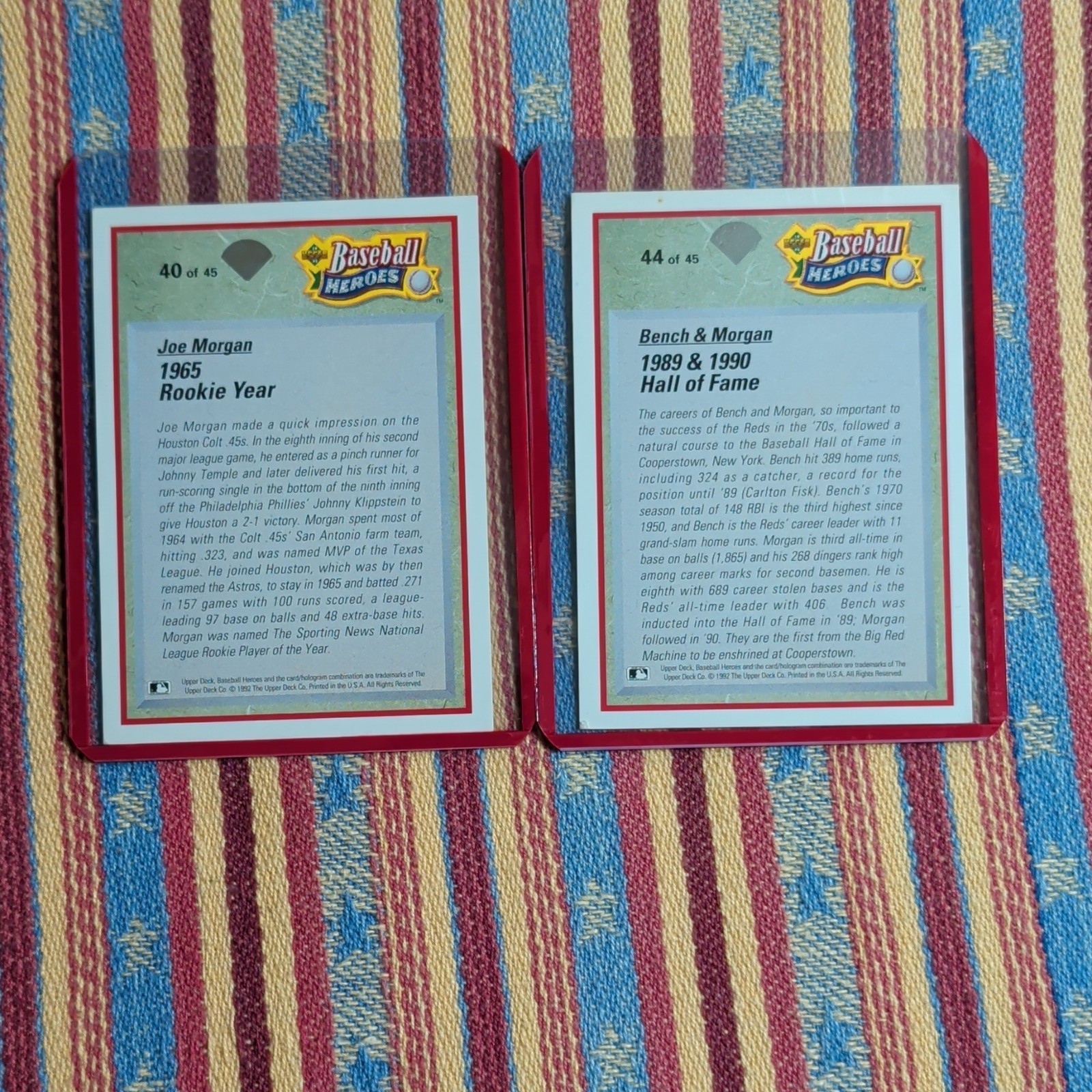 Johnny Bench Jow Morgan Upper Deck 1992 Baseball Heroes Lot Of 2 #40/45 #44/45