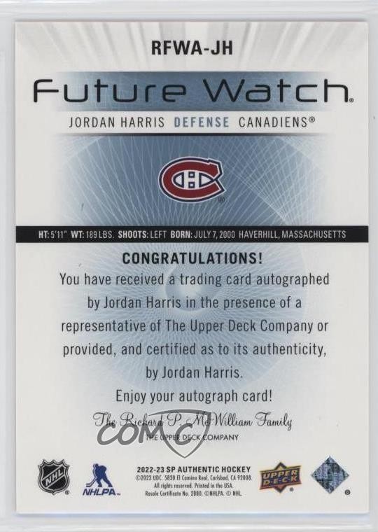 2022 SP Authentic 2012-13 Retro Future Watch Jordan Harris Rookie Auto RC 14sr