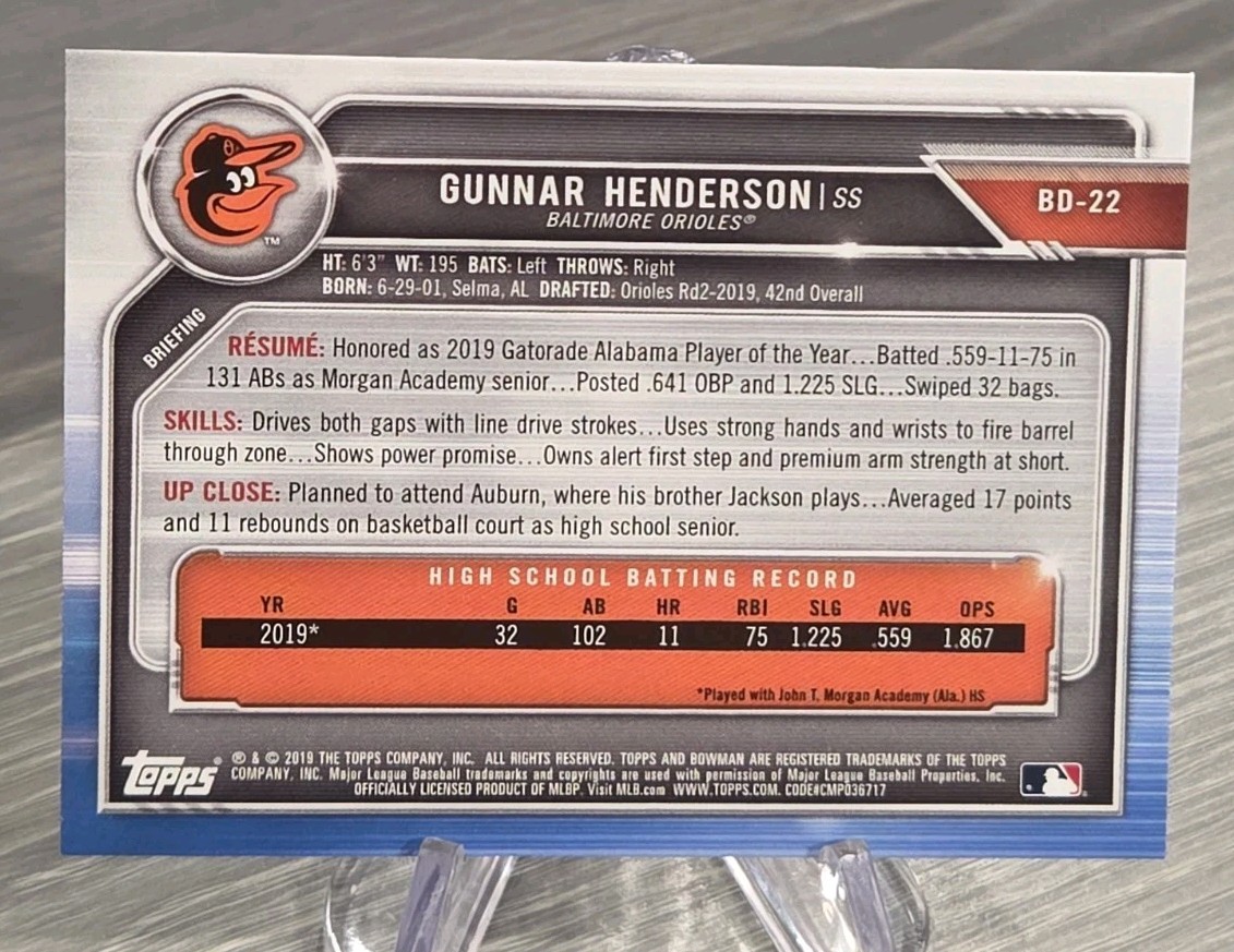 Gunnar Henderson 2019 Bowman Draft 1st Bowman Paper #BD-22 Baltimore Orioles