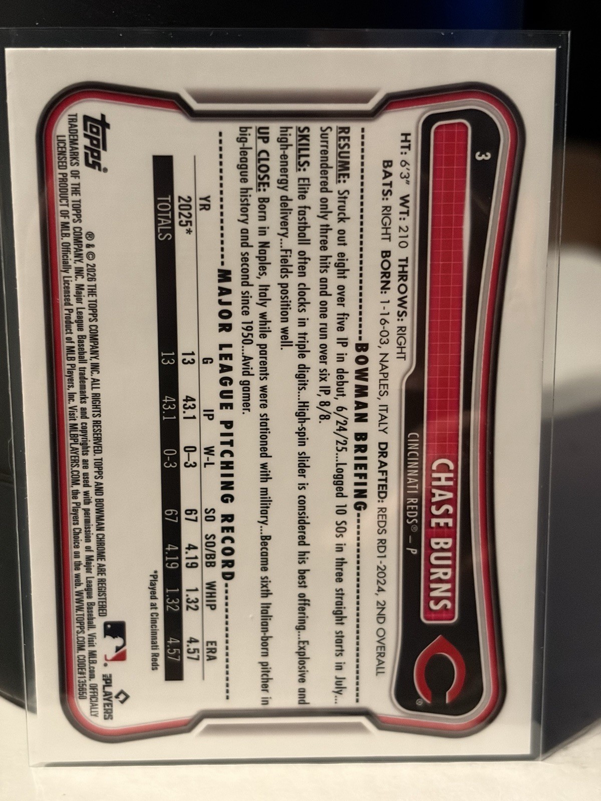 2026 Bowman Baseball Red Rookie Logo Chase Burns Rc Reds