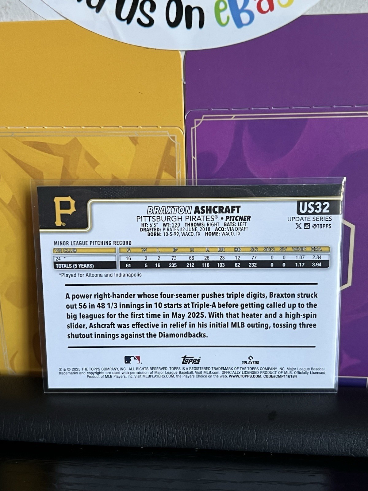 2025 Topps Update Braxton Ashcraft Rookie RC Yellow Border #US32 Pirates