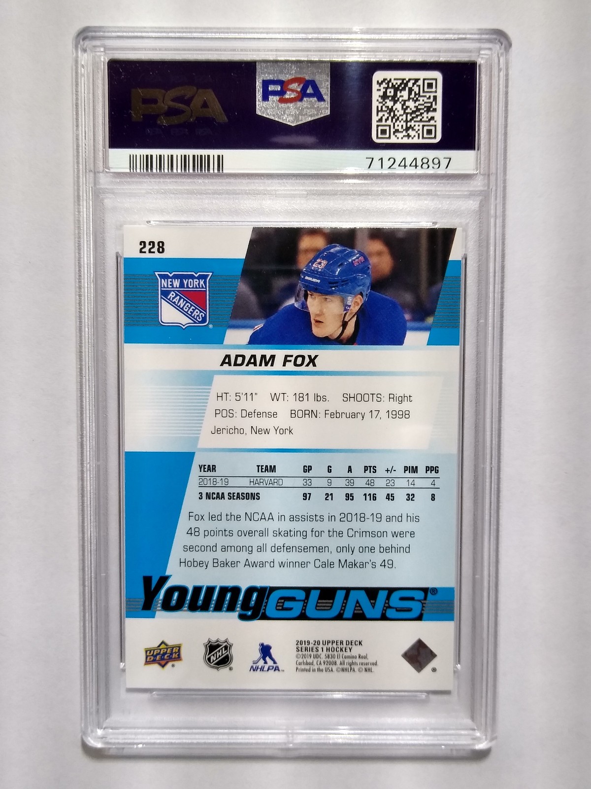 2019-2020 Upper Deck Young Guns Adam Fox rookie hockey card / PSA 9 / RC / #228