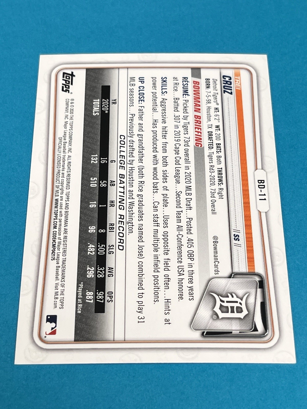 2020 Bowman Draft Trei Cruz 1st Bowman Detroit Tigers #BD-11 QTY AVAIL