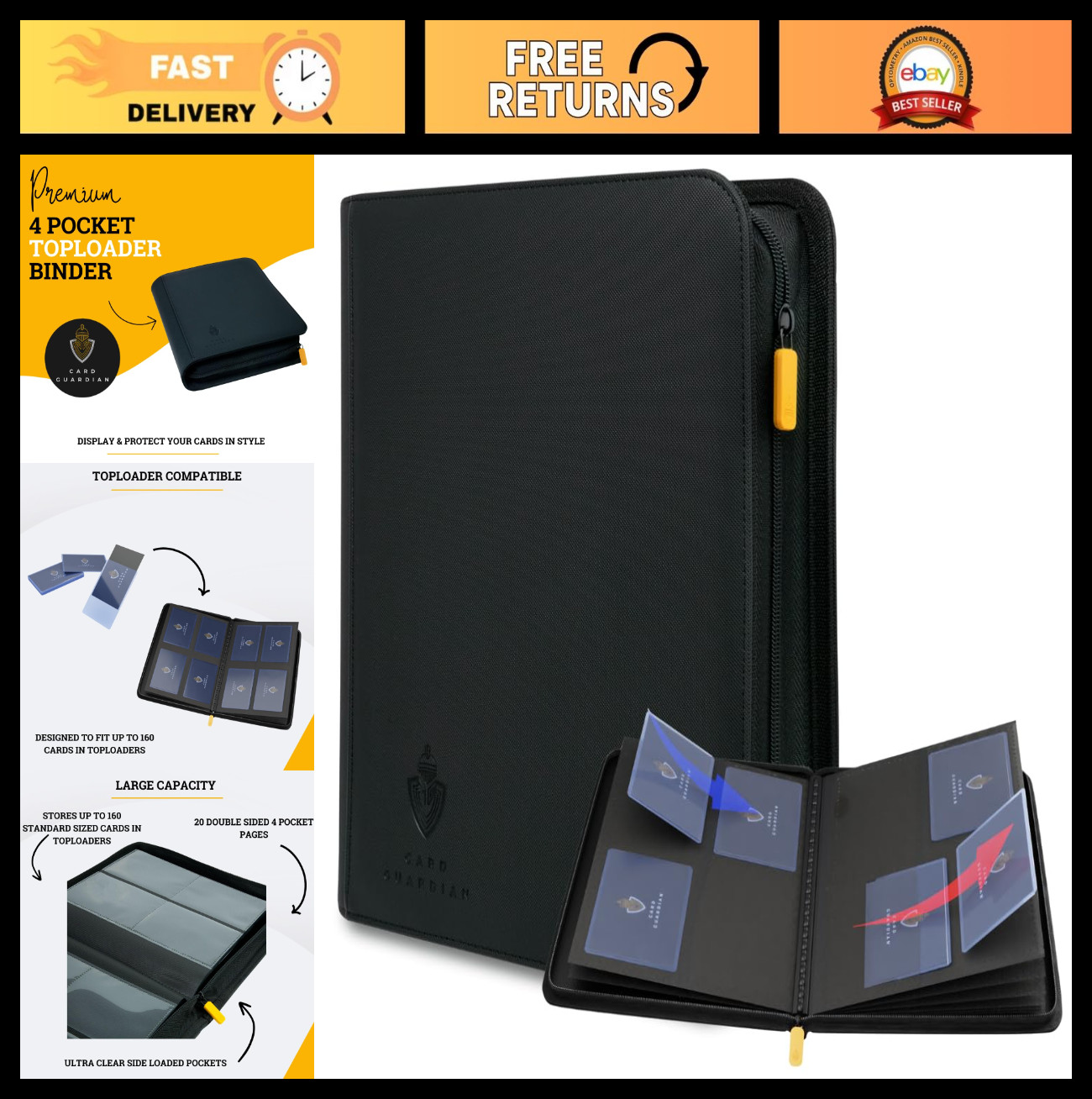 4 Pocket Toploader Binder with Zipper for 160 Cards – Side Loaded Sports & TCG C