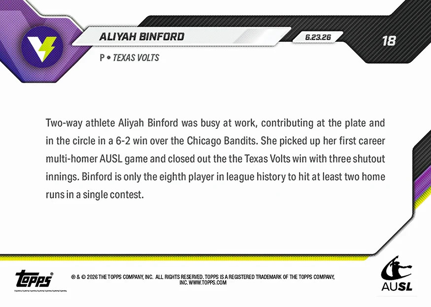 Aliyah Binford 2026 Topps Now AUSL Softball #18 – Presale
