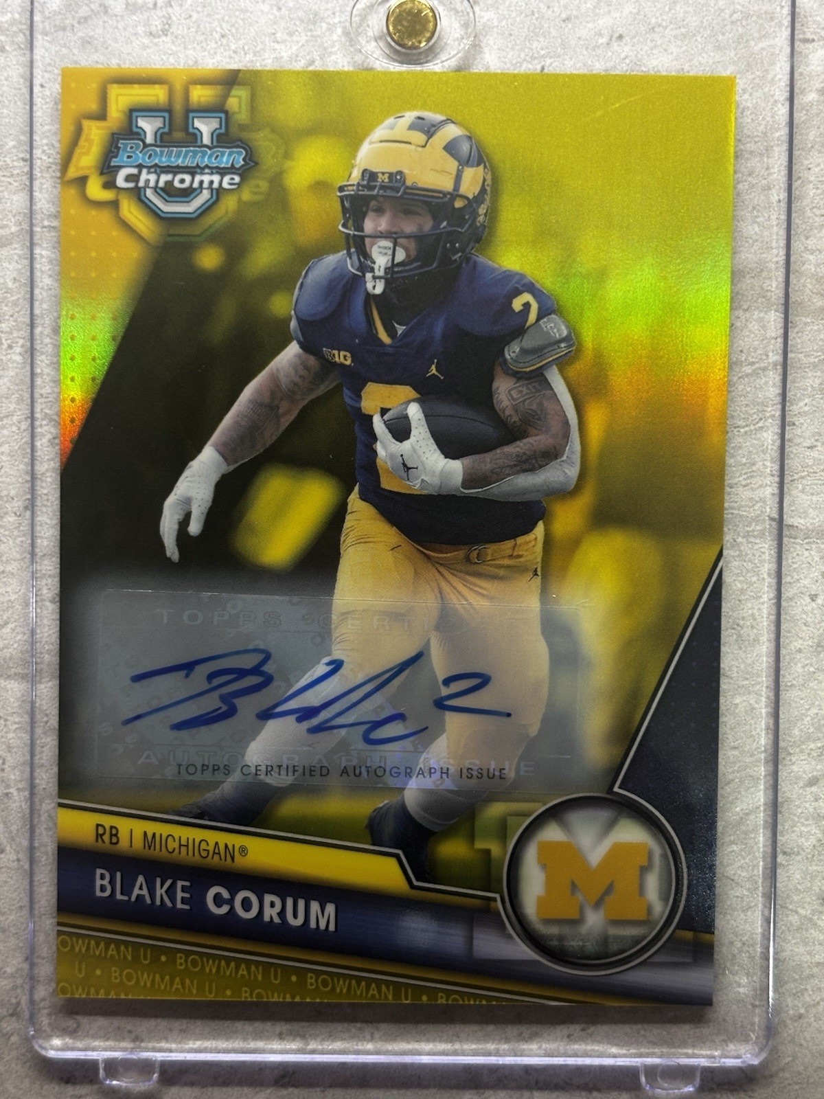 2023 Bowman Chrome Blake Corum Yellow MICHIGAN COLOR MATCH Refractor Auto # /75